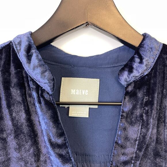 Maeve Anthropologie Size 0 US Blue Velvet Hi-Low Button Down Tunic Shirt VNeck - Picture 2 of 11